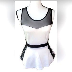 Danbee Womens Black Mesh Cutout Publem White Top Black Lace & Band